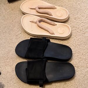 Vionic Black Slides and Allbirds Tan Flip-Flops